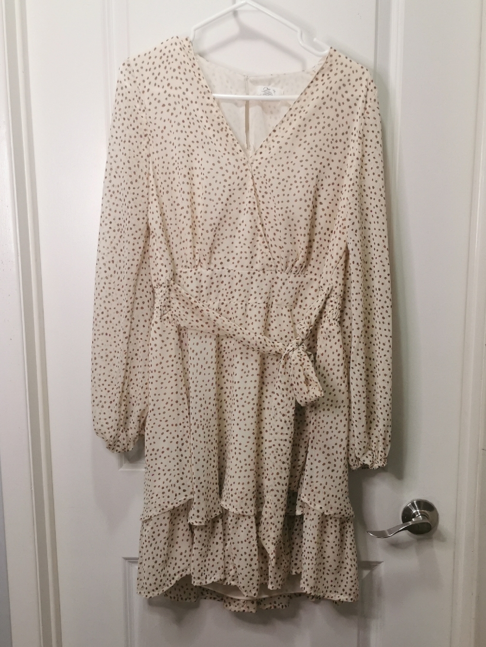 Japna Cream Long‎ Sleeve Polka Dot Wrap-Style Ruffle Dress